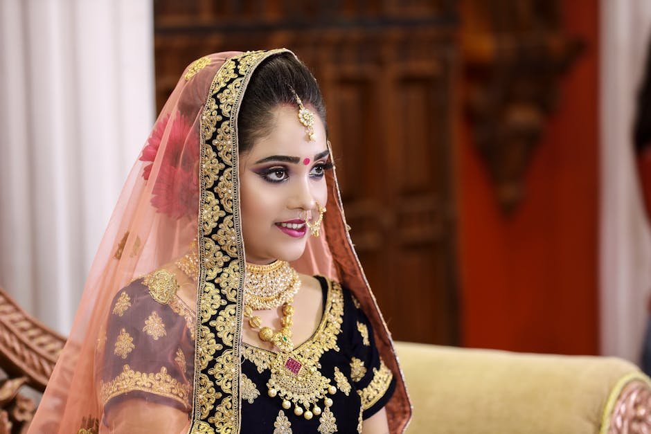 Captivating Indian bride adorned in traditional bejeweled attire, exuding cultural elegance and beauty.